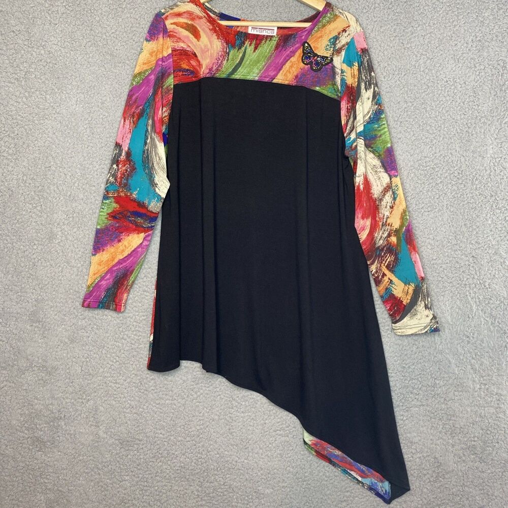 MISHCA Top Artsy Colorful Poly Knit Long Sleeve Asymmetrical Hem Sz XL Stretch